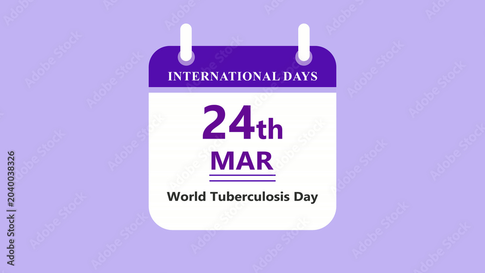 Fototapeta premium Health awareness calendar interface featuring 24th March World Tuberculosis Day with clean minimal date layout and medical design on purple background 4k visuals