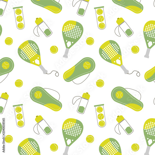 Seamless pattern with padel rackets, tennis balls, water bottles and ball tubes
