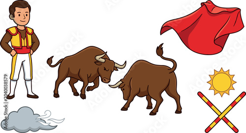 Spanish Bullfighting Cartoon Icon Set with Matador, Bulls, Red Cape, and Traditional Fiesta Elements for Cultural and Festival Designs
