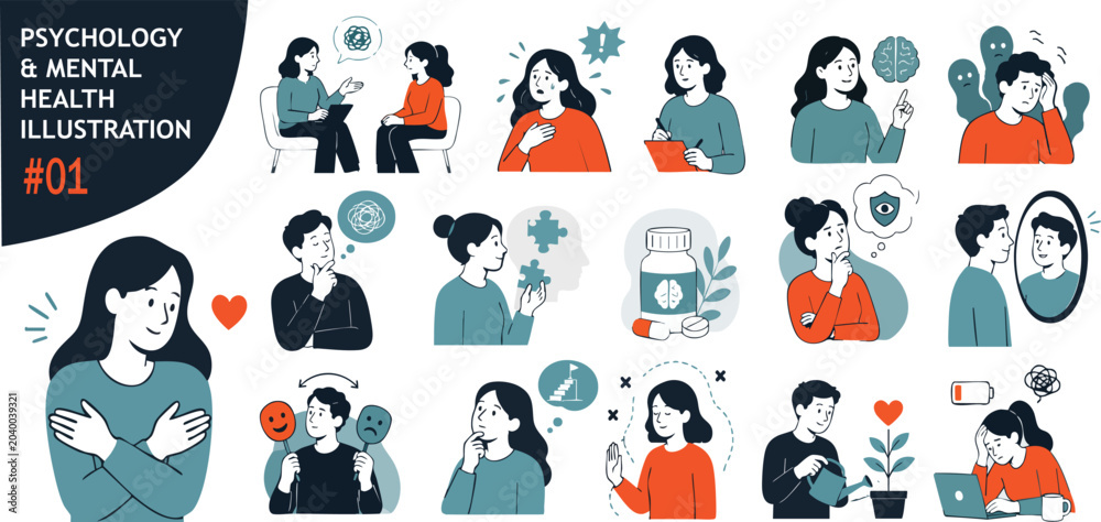 Fototapeta premium a set of flat 2d illustrations and vectors about psychology and mental health issues