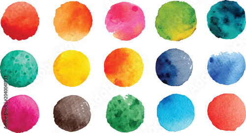 Foto Set of watercolor circles brash multicolored pattern with blue watercolor clouds on white background