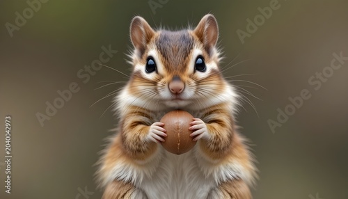   Adorable small chipmunk holding a hazelnut in its tiny paws, ultra-realistic wildlife photography, fluffy brown fur with distinctive cream and dark stripes, bright expressive eyes, detailed whiskers