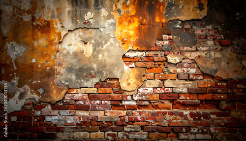 Weathered brick wall with peeling plaster revealing aged bricks, distressed texture background, rustic and decayed surface
