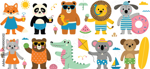 Photography Cute Cartoon Summer Animal Characters Vector Set Featuring Happy Wild Animals En