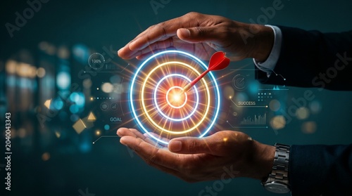 Business professional holding a glowing digital target with a dart