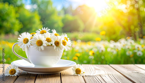 White teacup filled with daisies sits on a wooden table in a sunlit meadow, spring nature background