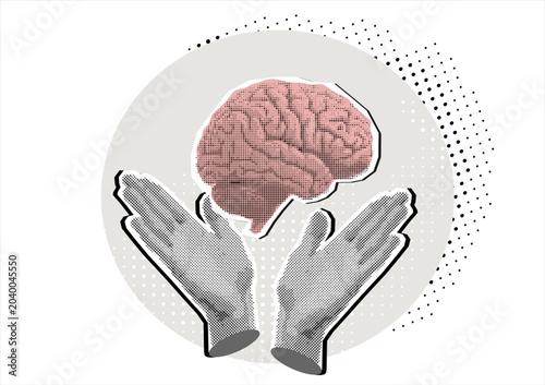 Trendy Halftone Collage, hands with a human's brain. Mental health and psychotherapy concept. Contemporary art.

