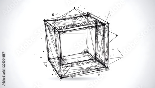 Wireframe cube structure with connecting dots and lines, abstract geometric shape, technical drawing style, digital network concept