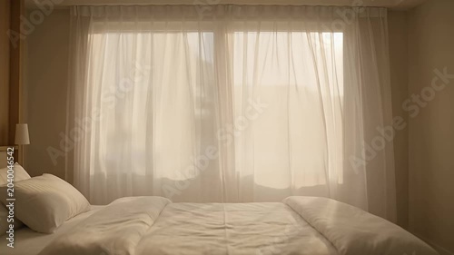 Soft Sheer Curtains, Bedroom Window, Natural Light, Cozy Interior, Morning Calm