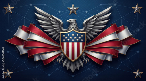 American eagle emblem with a shield and red and blue ribbons on a dark generated using ai