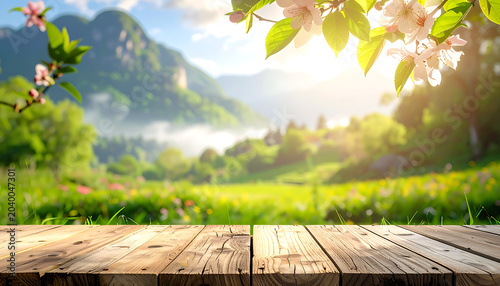 Wooden table in foreground with blooming apple tree branch, overlooking a sunny, lush green valley with rolling hills and distant mountains, spring landscape