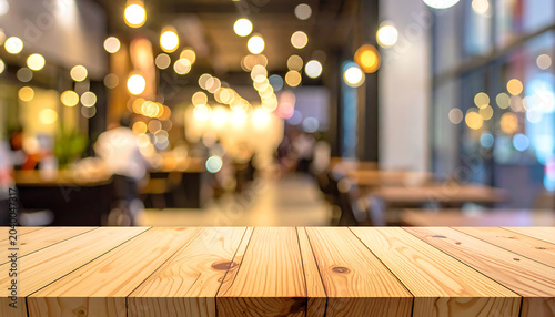 Wooden table in foreground with blurred cafe interior, warm bokeh lights, ambient atmosphere, ideal for product placement or restaurant advertising