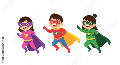 Three playful children dressed as superheroes posing together in colorful capes.