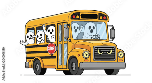 Cartoon yellow school bus carrying pandas with playful faces peeking from the windows.