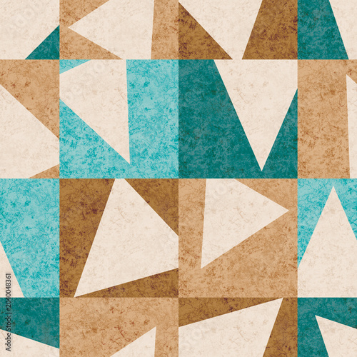Southwest Checkered Triangles Seamless Repeat Pattern in Tan and Turquoise with Texture