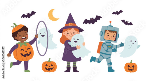 Children in Halloween Costumes Enjoying a Night Scene with Pumpkins, Ghosts, Witch, and Robot Characters.
