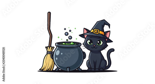 Whimsical black cat wearing a wizard hat stirring a bubbling cauldron beside a broom.