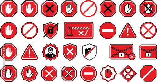 Red Stop Sign and Warning Security Icon Set Featuring Hand Gestures Prohibited Symbols Shield Badges Padlocks Chains and Barrier Vector Graphics