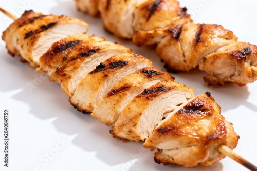 Grilled Chicken Skewers with Char Marks on White Plate