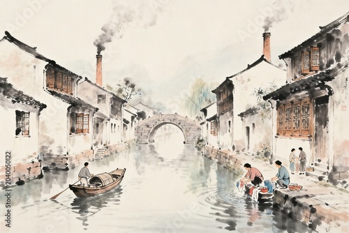Traditional Chinese Water Town Scene with Boats and Bridges