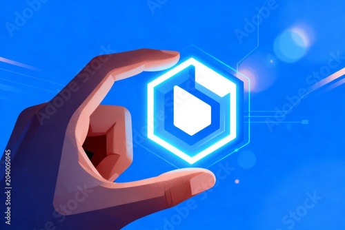 Hand Holding Neon Hexagon Crypto Symbol on Blue Background