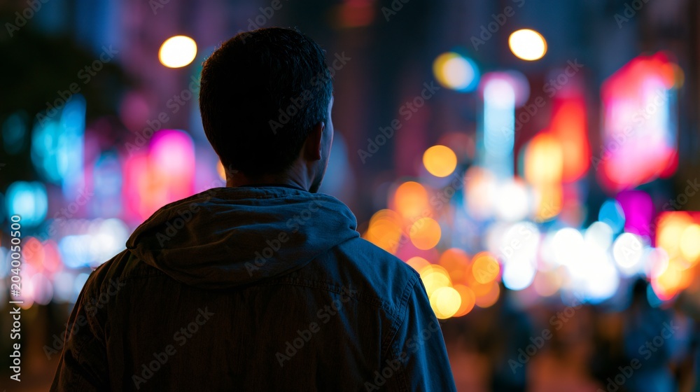 Obraz premium Urban Night Scene with Man Standing in Colorful Lights Outdoors