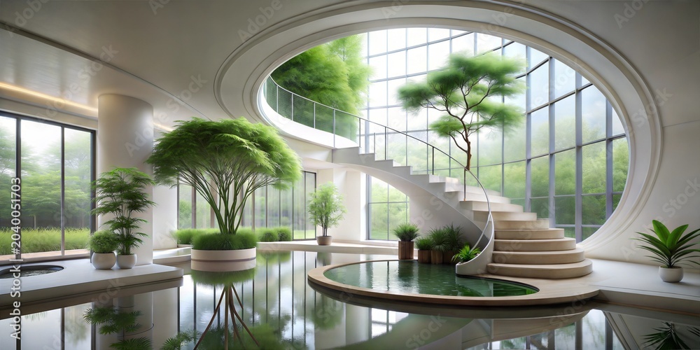 Fototapeta premium Serene modern interior with a central water feature, minimalist white walls, circular windows, and lush indoor trees