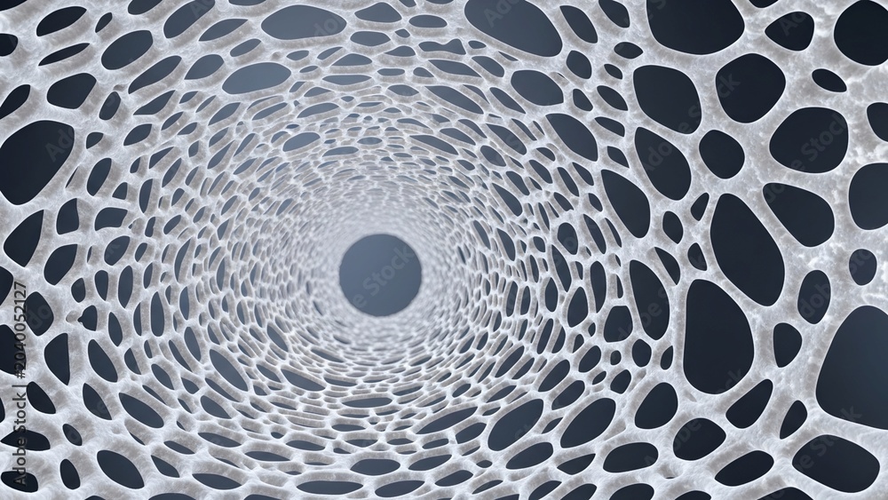 Obraz premium Abstract 3d tunnel structure featuring organic porous honeycomb cellular patterns with a depth of field effect creating a futuristic architectural visual backdrop