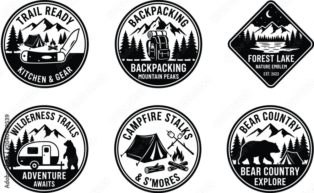 Fototapeta premium Vintage outdoor adventure badges collection with camping tents mountains backpack pocket knife camper trailer bear and forest lake emblems vector