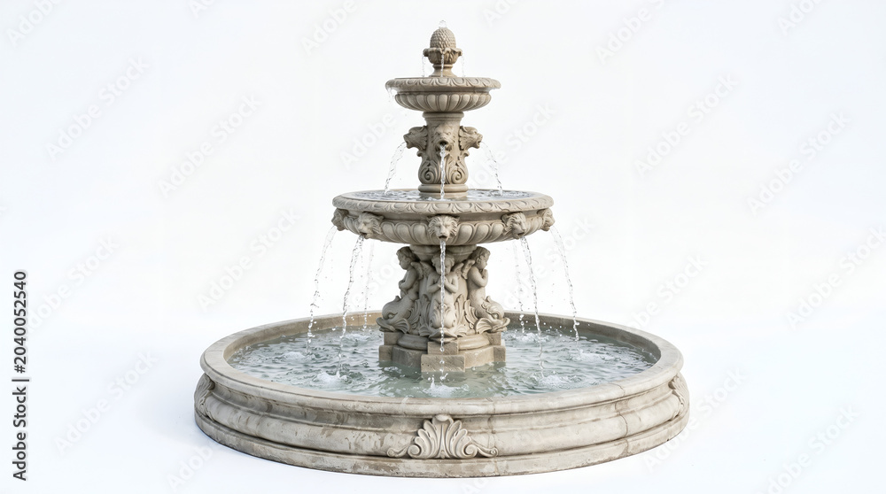 Fototapeta premium Classical stone tier fountain with flowing water isolated on white background