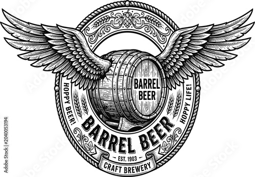 Bild auf Leinwand Vintage wood barrel beer logo design with spread wings and ornate circular rope
