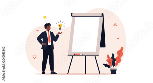 Confident businessman standing next to a blank flip chart with a glowing lightbulb above his hand representing a new creative business idea.