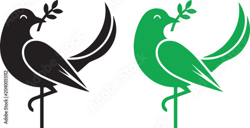 Photos Minimalist peace dove icons set featuring black and green silhouettes holding ol