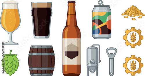 Konstfotografi Craft Beer Brewery Vector Element Set with Glass of Lager Stout Ale Bottle Can W