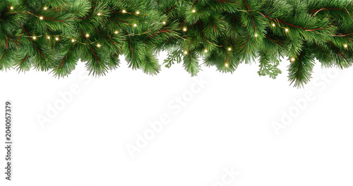 Obraz na plátne Seamless decorative christmas border with coniferous branches and garlands of ch
