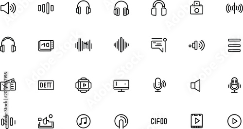 Obraz na plátne Multimedia line icons set headphones speakers microphones sound waves music note