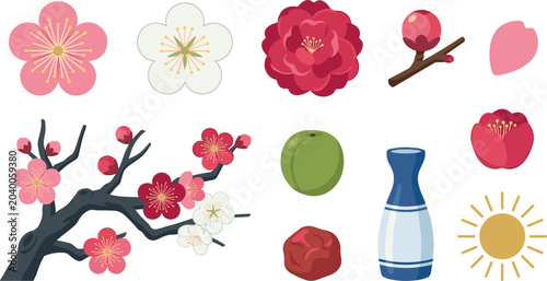 Plum Blossom Vector Element Set with Sakura Camellia Flowers Blooming Branch Bud Ume Fruit Umeboshi Ceramic Sake Bottle and Sun Icons