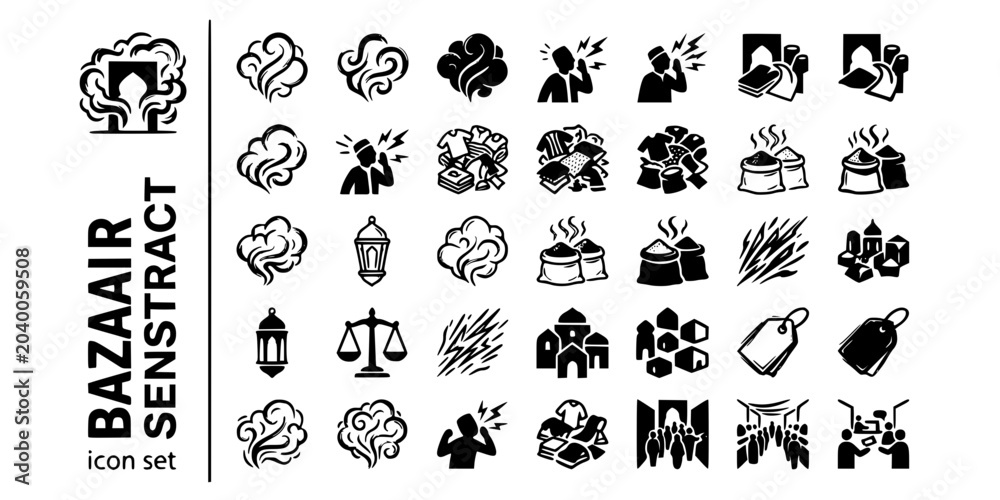 Fototapeta premium Arabic Bazaar Sensory Abstract Black White-Spice Cloud Energy Vendor Chaos-Dynamic Souk Vector-Sensory Icon Abstract-Arabic Market Design Set