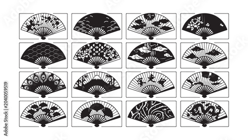 Framed Japanese Folding Fan Vector Graphics Set with Diverse Cultural Themes