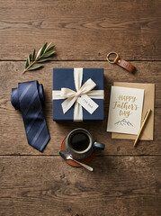 Father's day flat lay with gift box necktie greeting card coffee on wood
