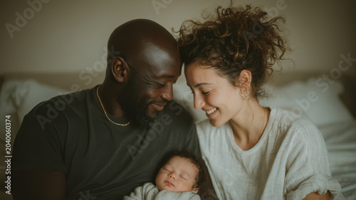 Interracial couple with newborn baby on bed, happy parents cuddle infant, tender family bonding moment, cozy home bedroom, natural soft light and loving connection