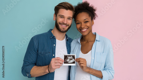 Happy multicultural couple expecting baby ultrasound pregnancy announcement mixed race relationship smiling future parent maternity portrait family love holding sonogram young adult casual