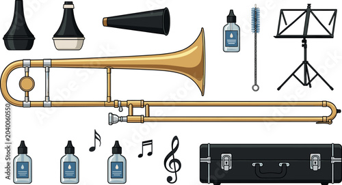 Obraz na płótnie Brass Trombone Musical Instrument Vector Set with Hard Case Mutes Stand Cleaning