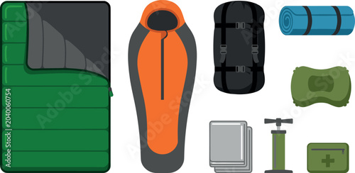 Foto Camping Sleeping Gear Vector Element Set with Rectangular and Mummy Sleeping Bag
