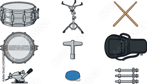 Photos Snare Drum Vector Element Set with Top and Bottom View Tripod Stand Crossed Drum
