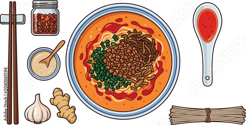 Fotografía Spicy Chinese Dan Dan Noodles Vector Illustration Set with Chili Oil Minced Pork