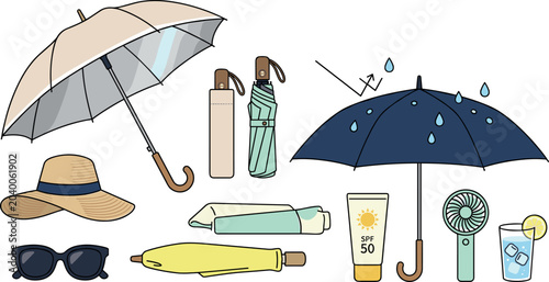 Sun and Rain Protection Umbrella Vector Set with UV Cut Shield Straw Hat Sunglasses Sunscreen Handheld Fan and Waterproof Gear Designs