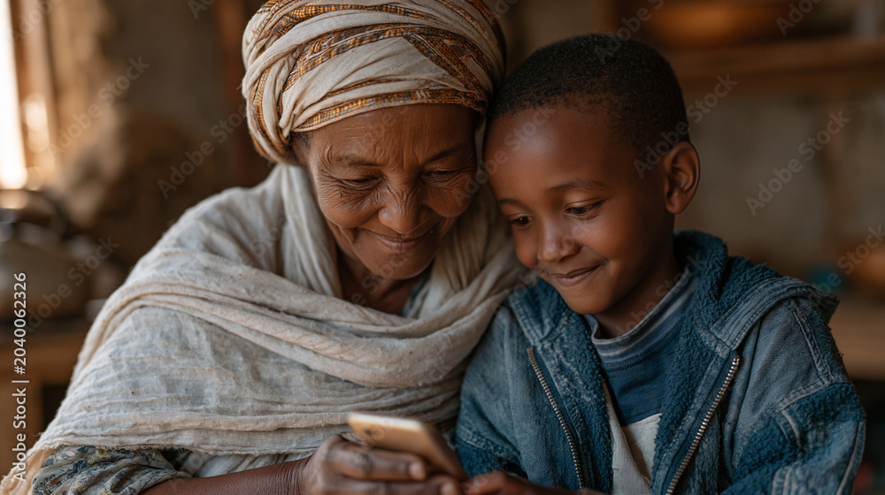 Fototapeta premium Cross-border remittance recipient in developing-country kitchen receiving instant transfer notification, grandmother and grandchild reacting with relief, sparse but tidy home interior, mobile phone 