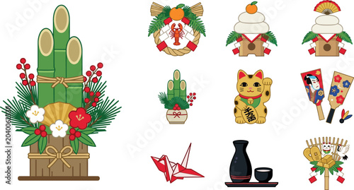 Traditional Japanese New Year Vector Element Set with Kadomatsu Shimekazari Kagami Mochi Manekineko Lucky Cat Origami Crane Sake Bottle and Hagoita Paddle