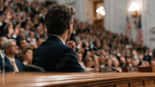 Congressional hearing chamber packed with seated lawmakers questioning a lone witness at a polished oak table, stern expressions and raised hands filling the formal room, American flags flanking the